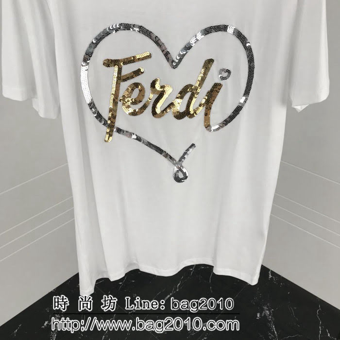FENDI芬迪 19ss新款 情人節限定款 愛心珠片logo 純棉白色短袖 高版本情侶款 ydi2533